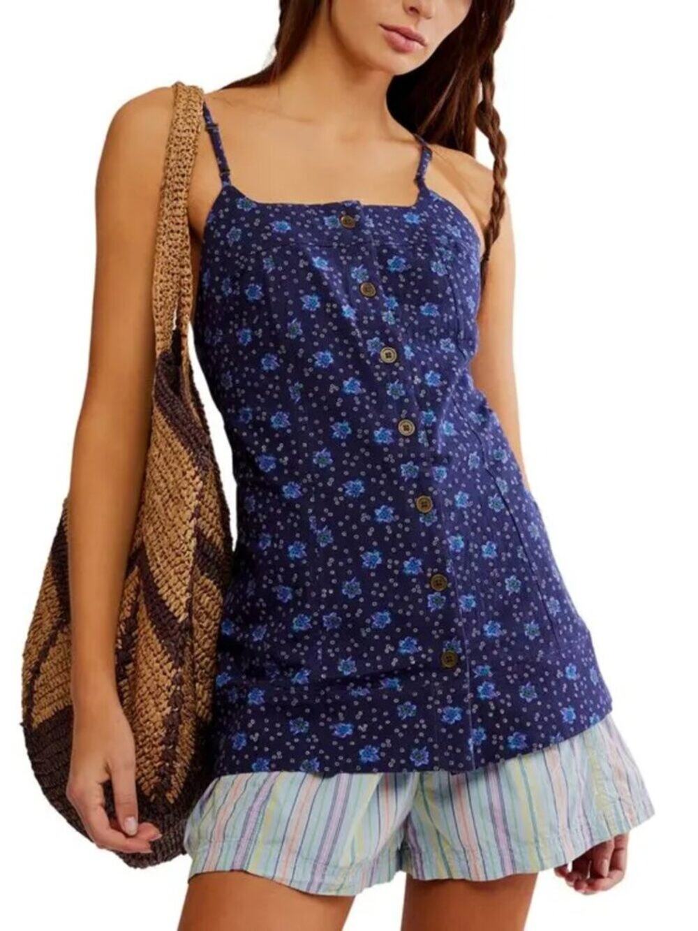 Free People Maddie Navy Printed Tunic Boho Flowy Festival Top - Size M